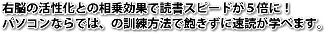 右脳の活性化との相乗効果で読書スピードが５倍に！パソコンならでは、の訓練方法で飽きずに速読が学べます。